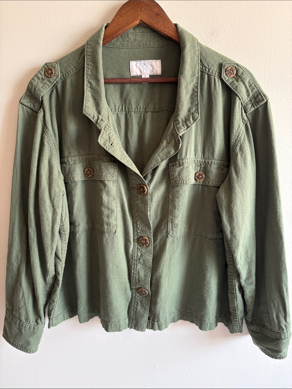 Time and Tru Linen Blend Utility Jacket Olive Green Button Front Large 12-14